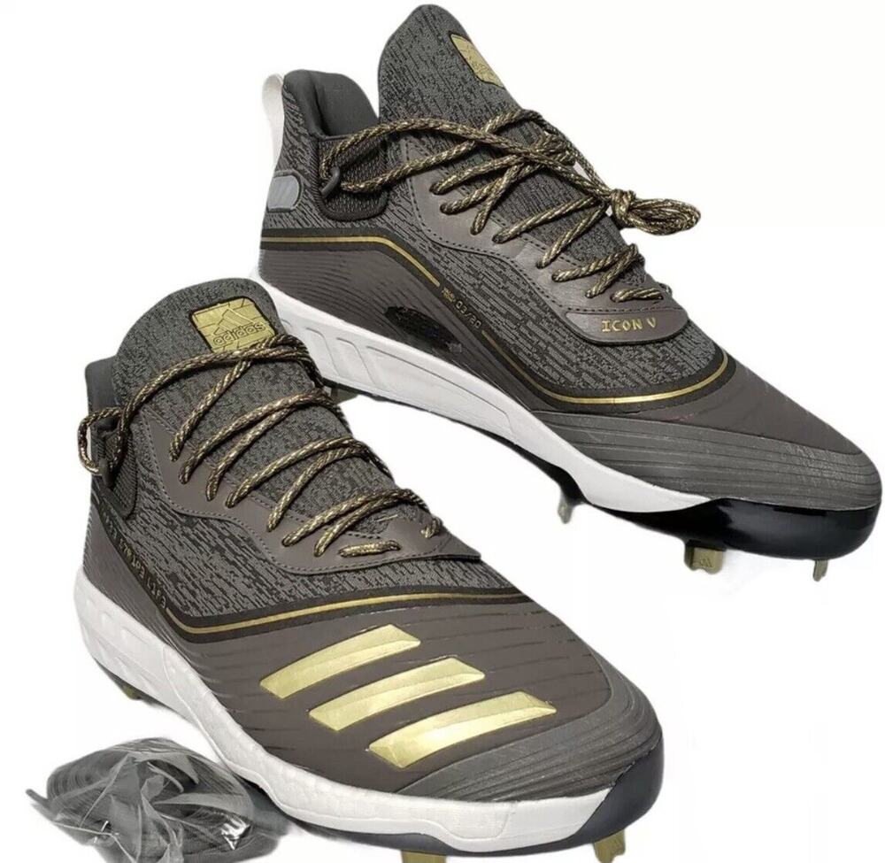 Adidas Icon V 5 Boost Baseball Cleats Size 12.5 FU7559 Gray Gold Extra Laces